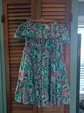 Terra & Sky Green and Pink Tropical Off-Shoulder Dress